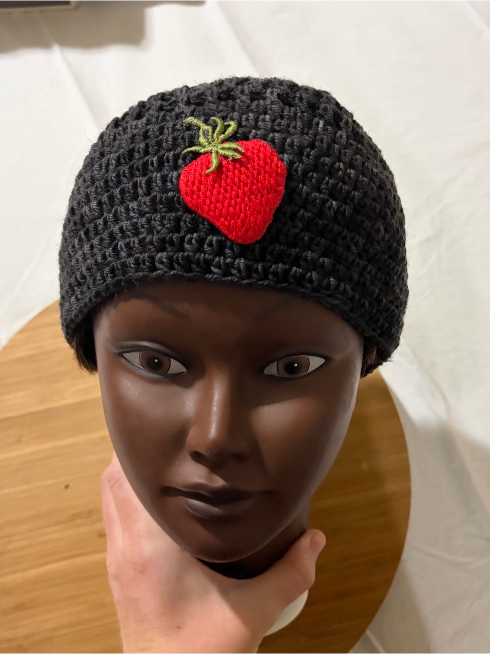 Crochet gray beanie/hat with strawberry NWOT